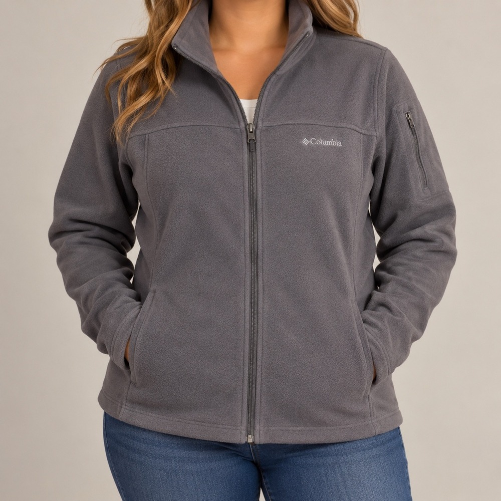 Columbia Fast Trek II Full Zip Fleece Jacket Gray Womens Large Pocket Mock Neck